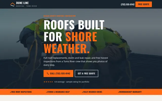 Homepage of the Dune Line Roofing sample website