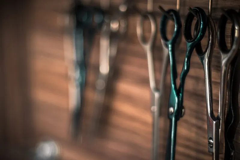 Barber shears hanging on a wooden wall