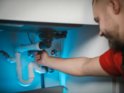 Plumber repairing pipes under a sink